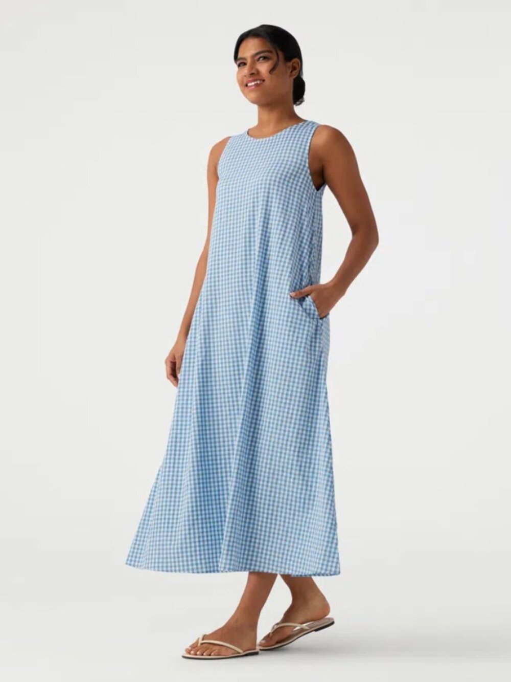 Halara Tank Dress Round Neck Sleeveless Midi Crinkle Gingham Plaid Blue NWT XL - Picture 5 of 13
